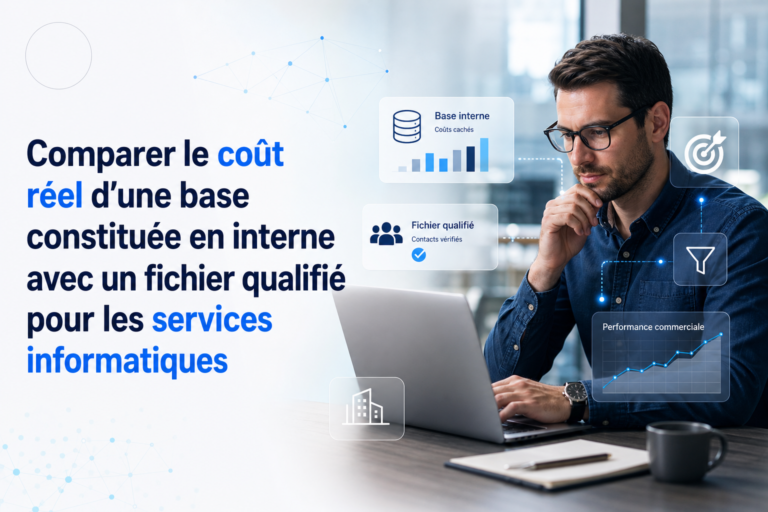 Réunion d'équipe commerciale IT analysant des données sur table pour choisir entre création interne de base et achat de fichier qualifié